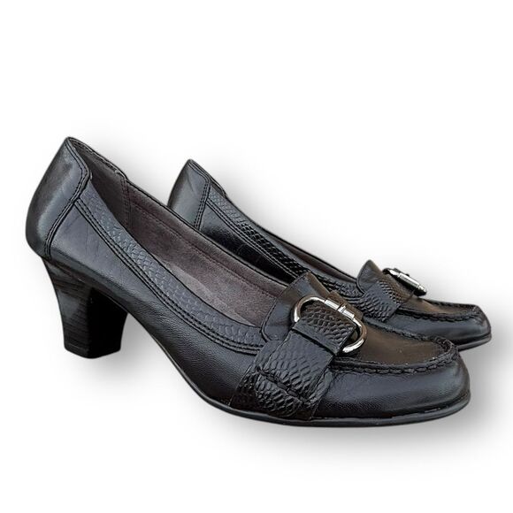 Aerosoles Heelrest Black Leather Moccasins Heeled Loafers Shoes Women's size 9.5 - Picture 1 of 15
